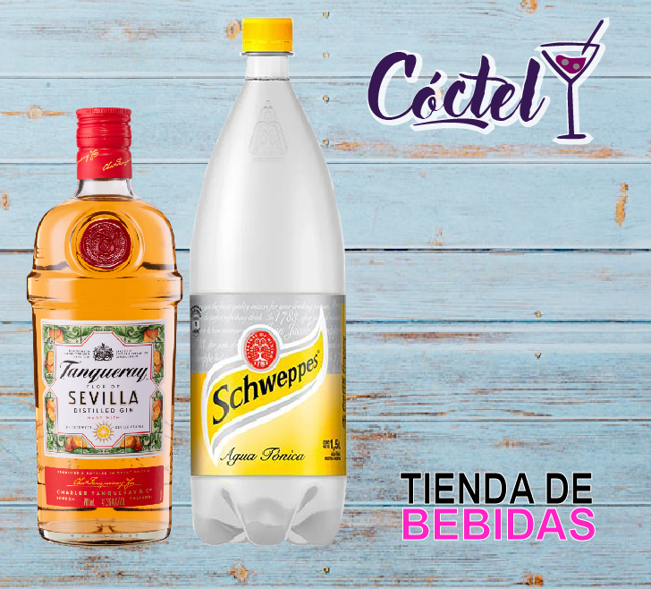 Gin Tanqueray Sevilla 700 CC +Tonica Schweppes 1.5L + Hielo 2Kg