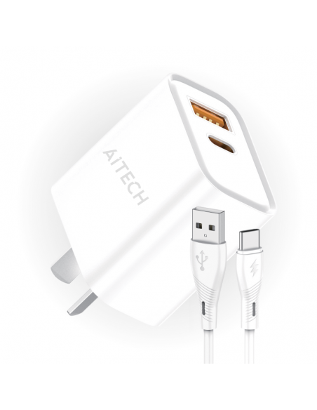 Cargador De Pared Aitech Carga Super Rápida 45w Usb+usb-c Cable Tipo C Blanco
