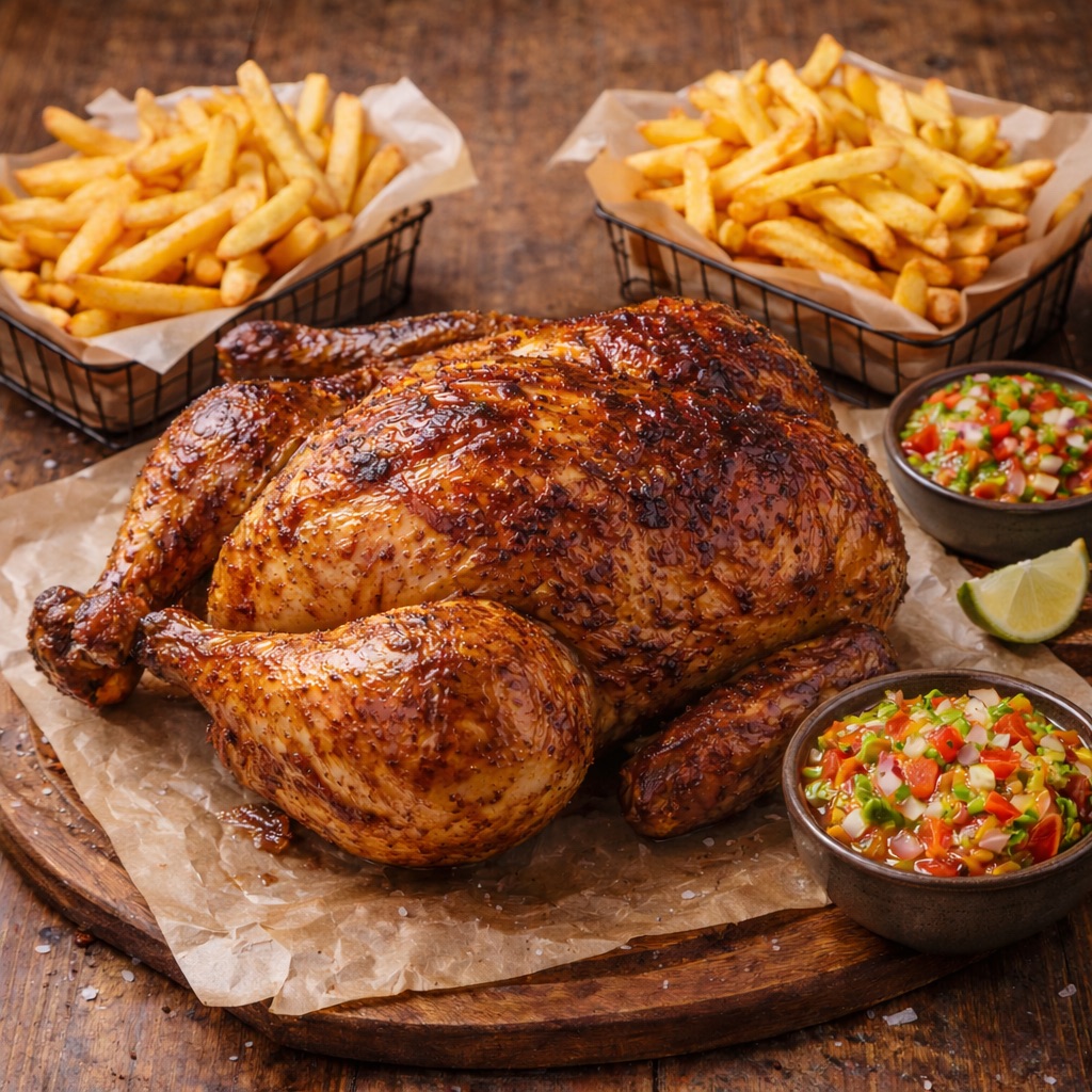 Pollo al spiedo con papas fritas