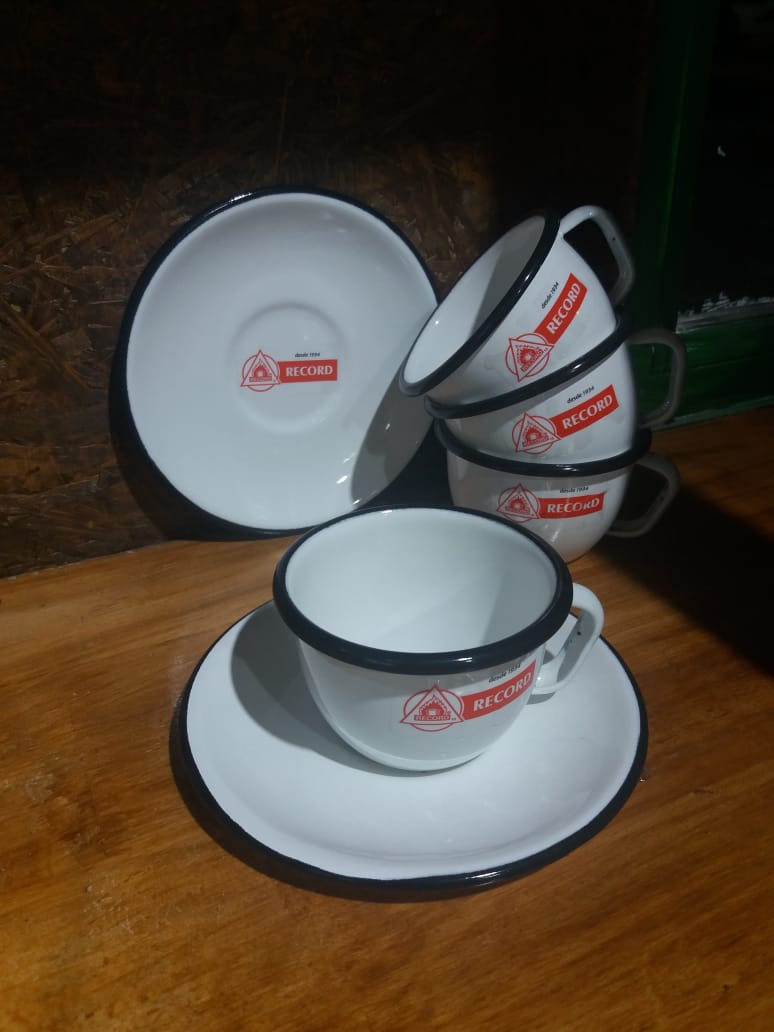 Taza Desayuno C/ Plato Enlozado Blanco Borde Negro